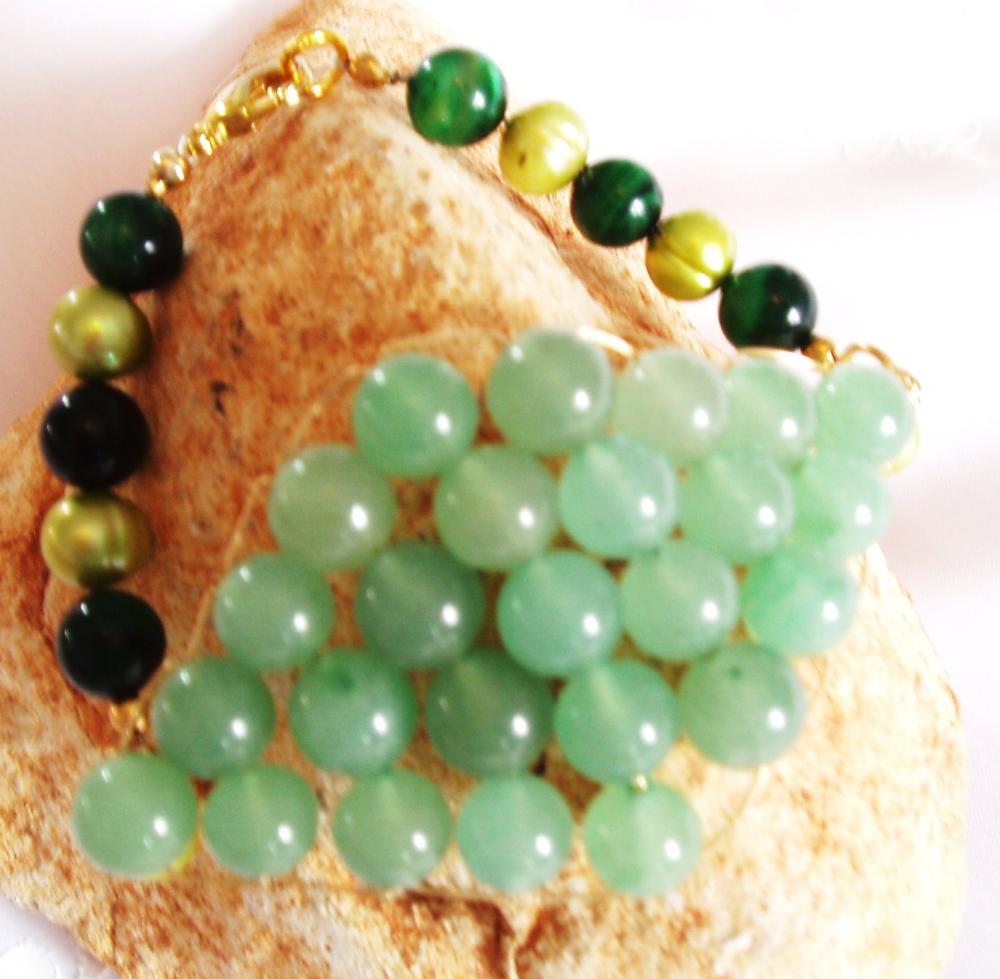 Pearl & Aventurine Green Tigers Eye Bracelet Gemstone Handmade On Luulla